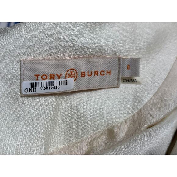 Tory Burch  Silk Sheath Dress Womens Sz 6 Ivory Blue Geometric Print Sleeveless - Picture 3 of 7